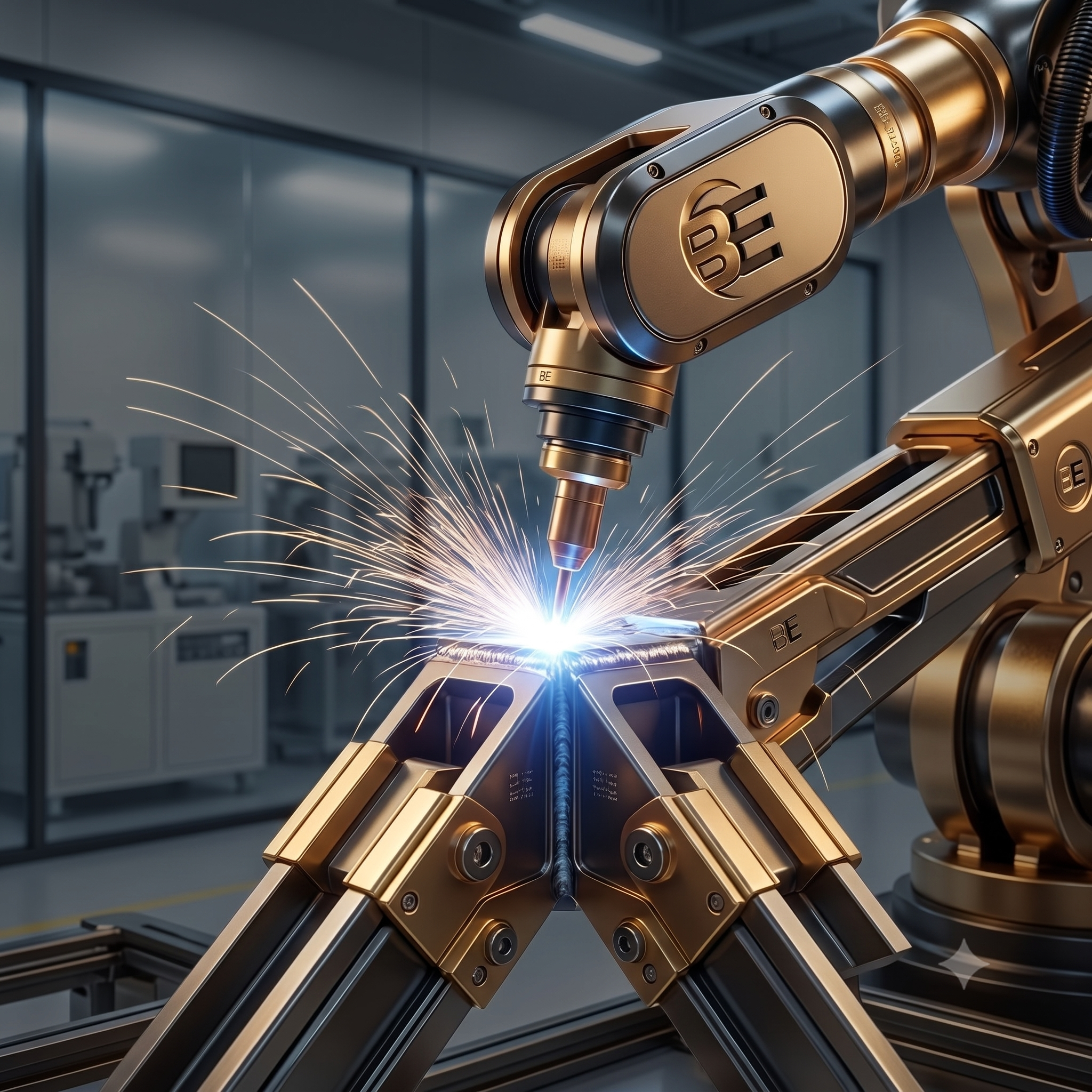 Welder joining a stainless steel vessel with bright sparks